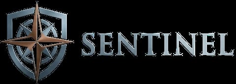 Sentinel logo featuring a compass rose shield emblem with metallic gold and blue tones on black background